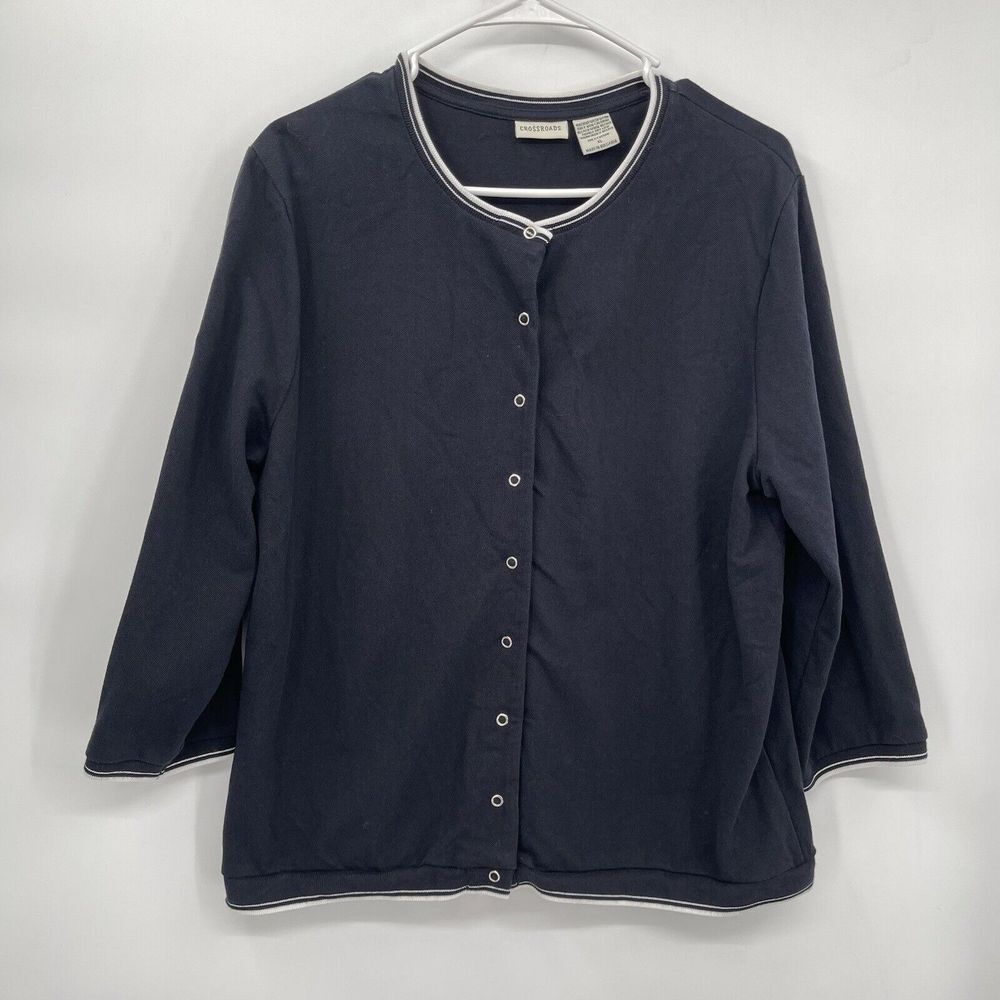 Crossroads‎ XL Cardigan Women Navy Blue 3/4 Sleeve Snap Front Cotton Tipped Trim